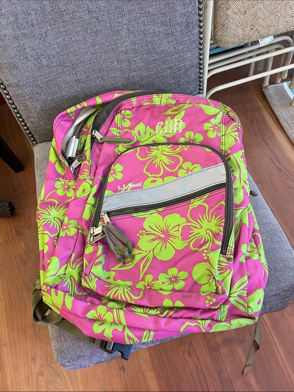 L.L. Bean Hot Pink Backpack with Neon Green Floral Print